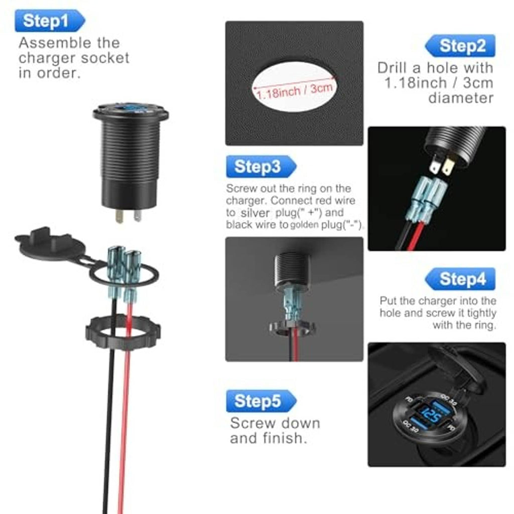 Black car charger socket installation with wiring harness and mounting ring