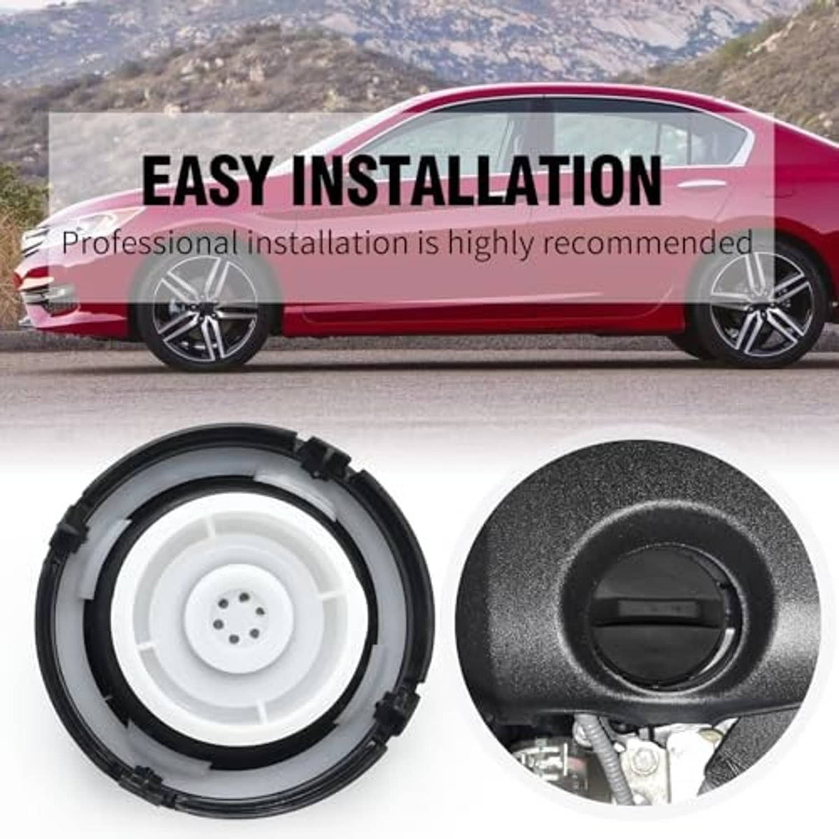 Fuel tank cap replacement kit with white insert and black outer cap, close-up shown