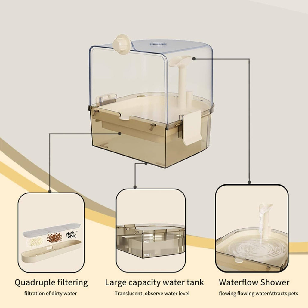 Automatic bird bath with transparent tank, shower outlet, and filter housing