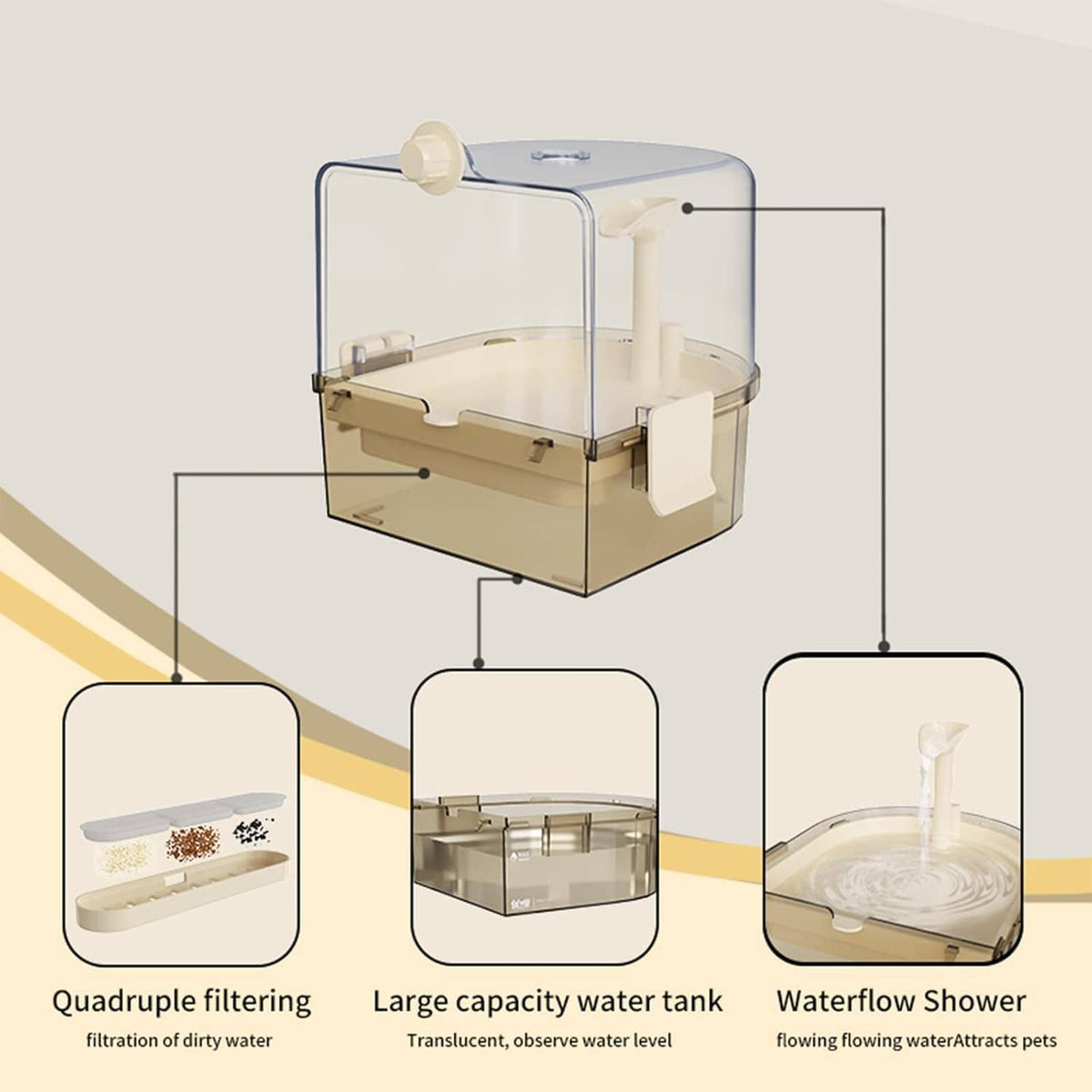 Automatic bird bath with transparent tank, shower outlet, and filter housing