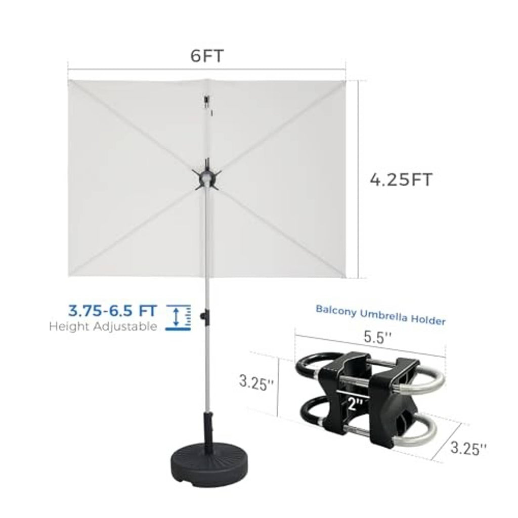 Beige rectangular umbrella with 6 ft x 4.25 ft canopy and black base holder bracket