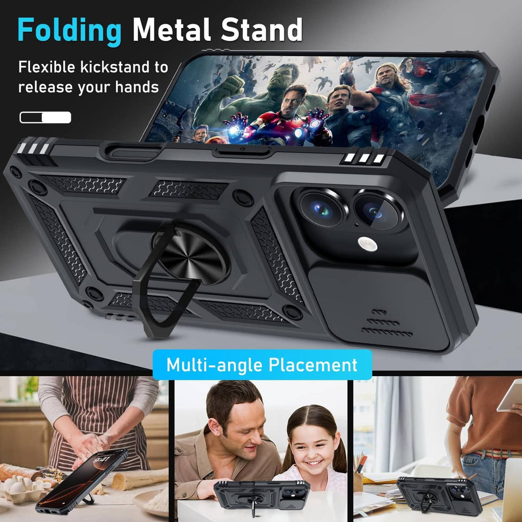 Black rugged iPhone 16 Pro case with folding metal kickstand and dual camera cutouts