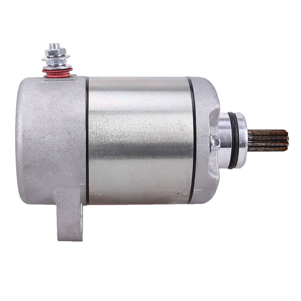 Silver starter motor with mounting ear, side terminal, and visible output shaft