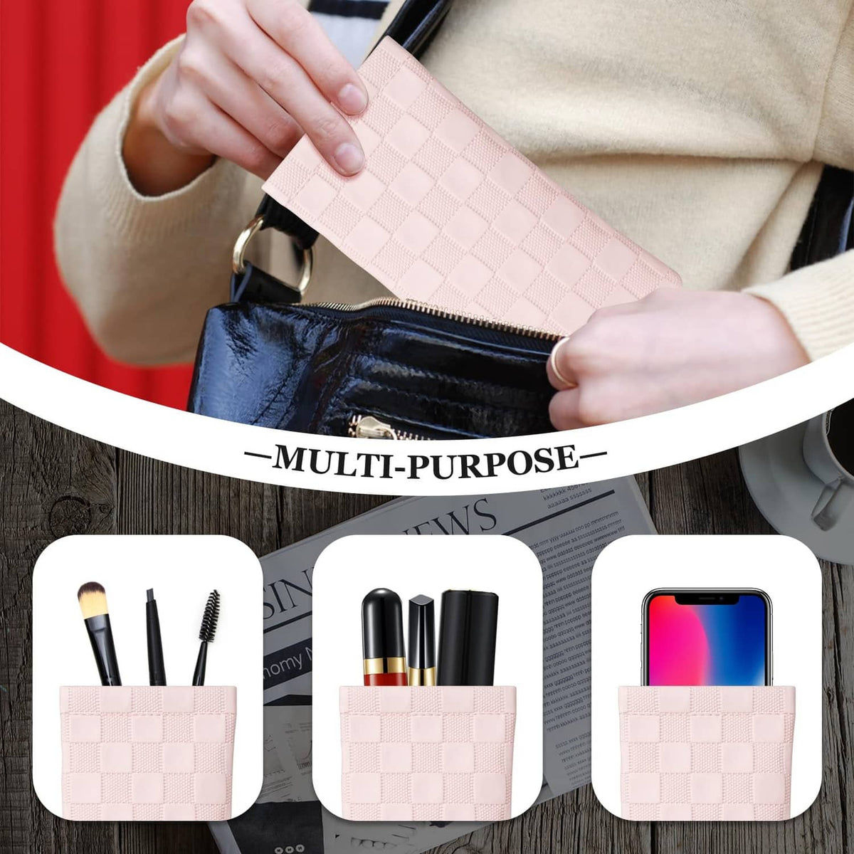 Pink checkered squeeze-top sunglasses case with metal zipper pull, held in hand