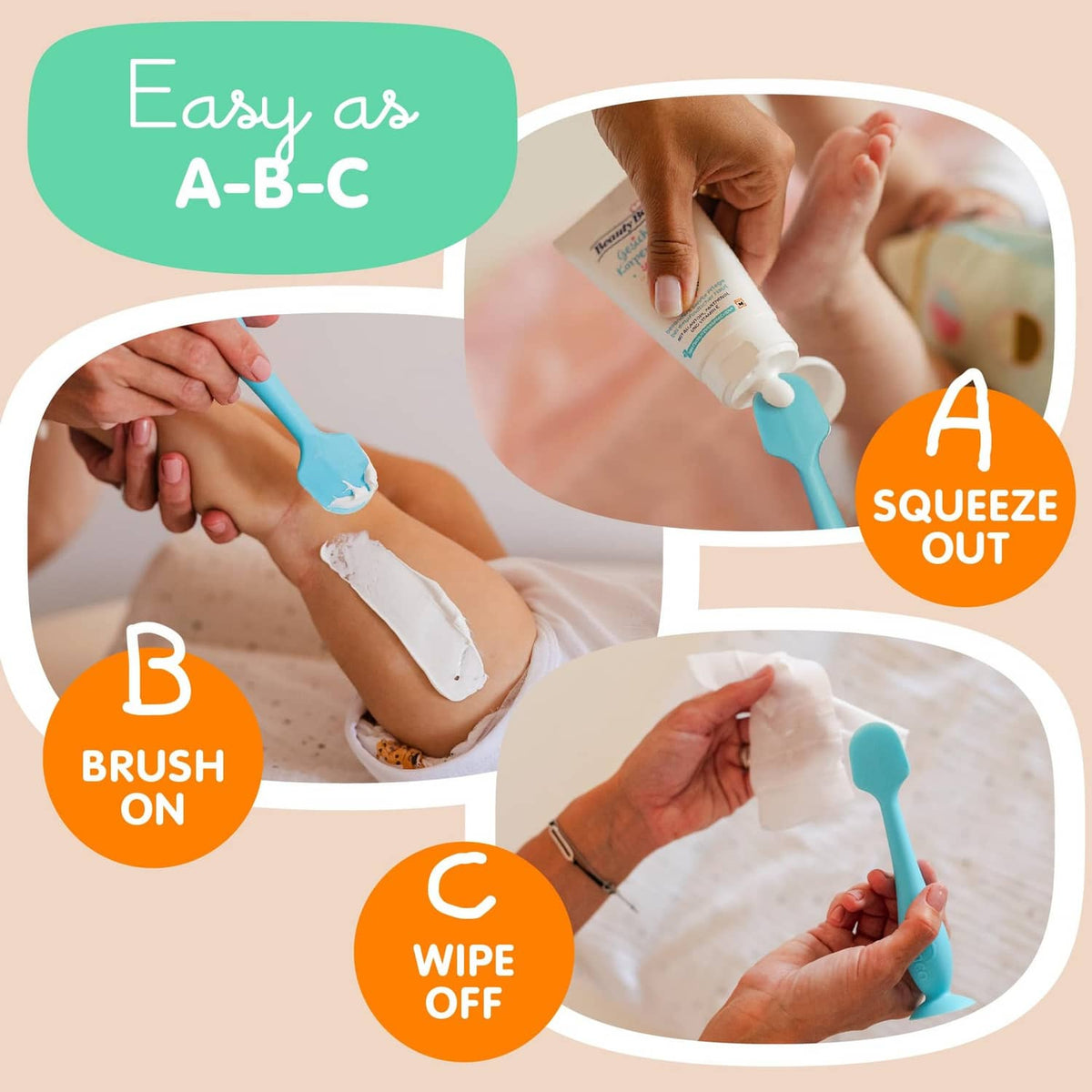 Blue silicone baby bum brush for applying and wiping diaper cream.