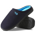 Navy slip-on memory foam slippers with blue fleece lining and textured outsole