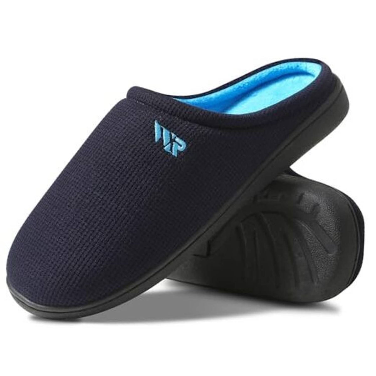 Navy slip-on memory foam slippers with blue fleece lining and textured outsole