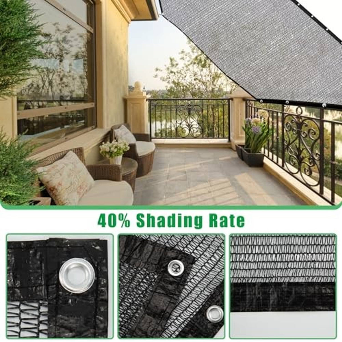 Gray mesh cover for balcony with 40% shading rate and close-up weave detail views.
