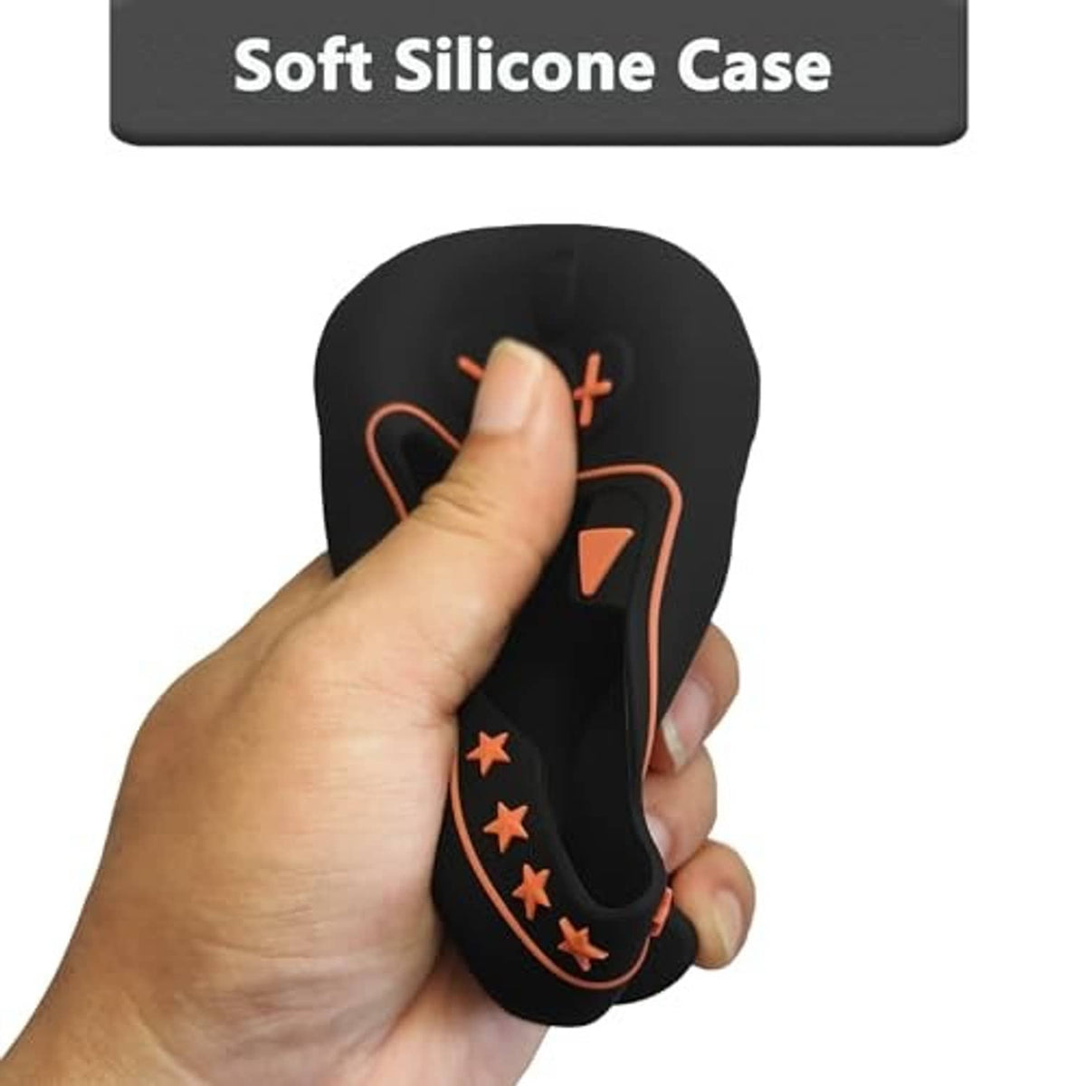 Black soft silicone speaker case with orange outline and button cutouts, held in hand