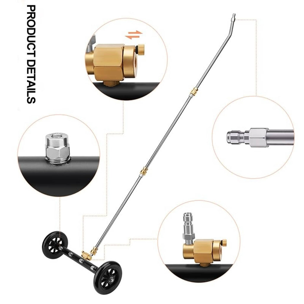 Wheeled undercarriage cleaner pressure washer extension wand with brass quick fittings