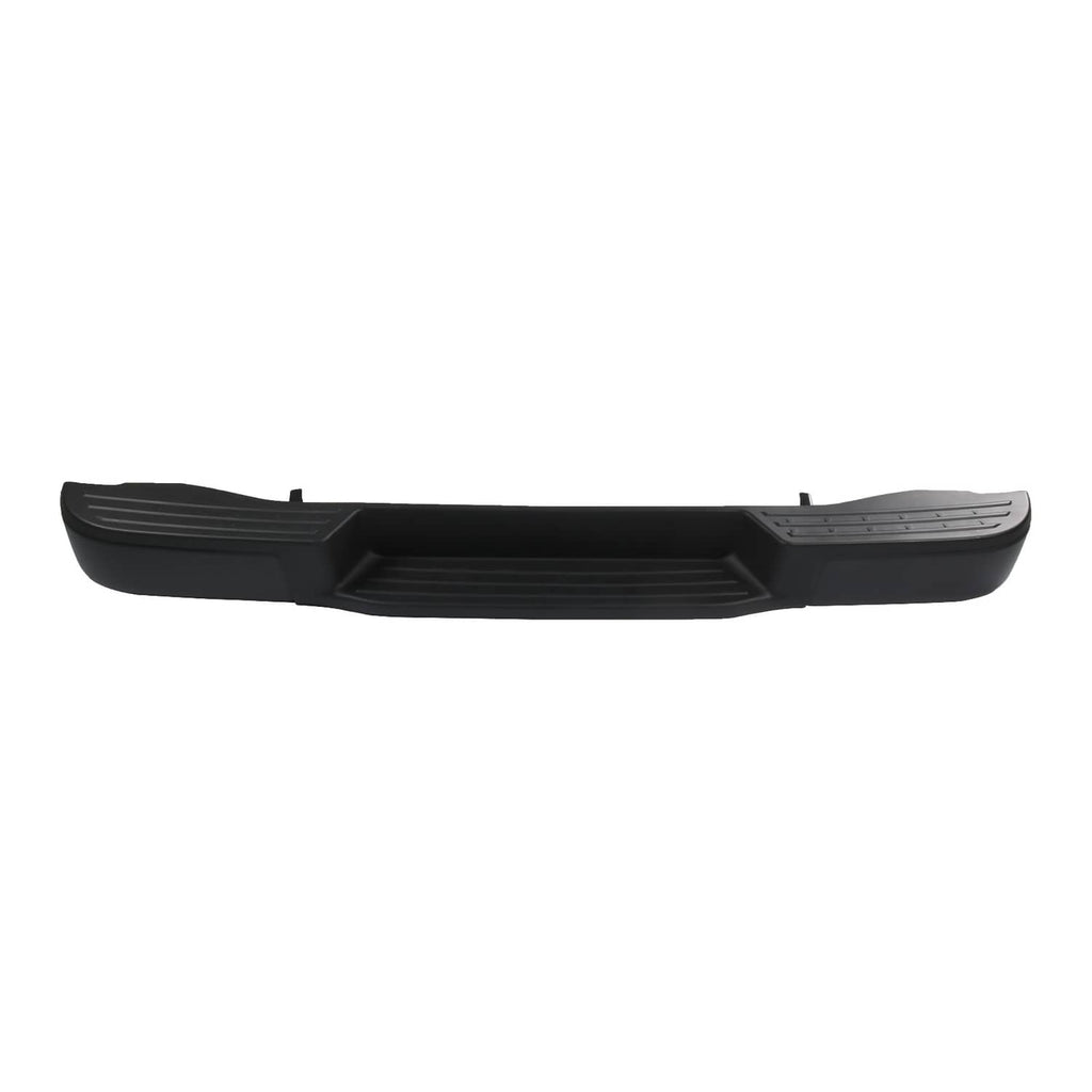 Black rear step bumper with side grip channels and center opening