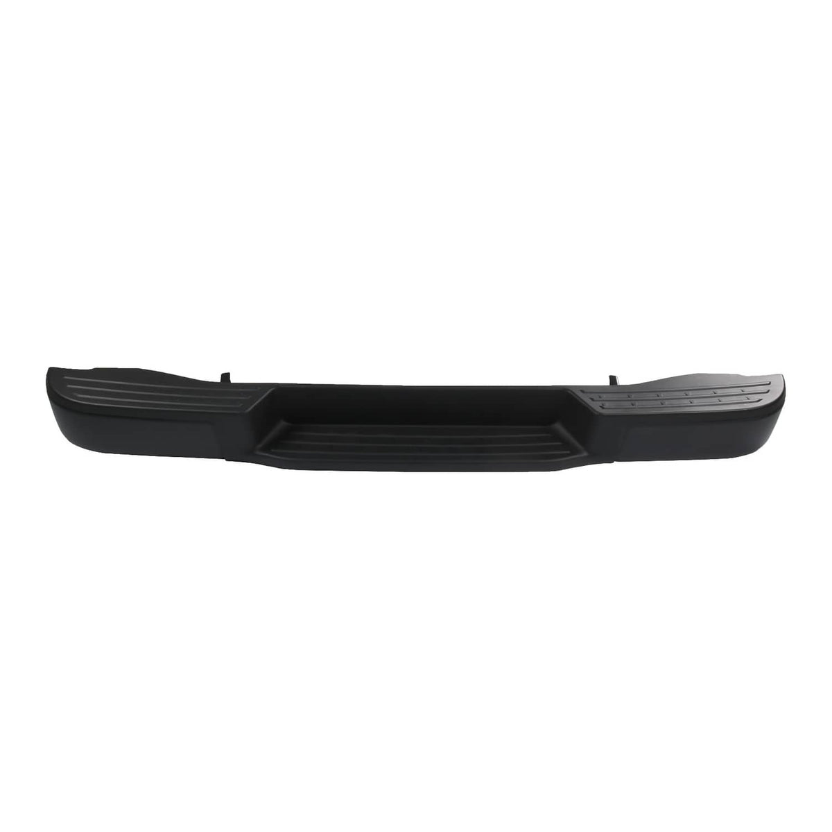 Black rear step bumper with side grip channels and center opening