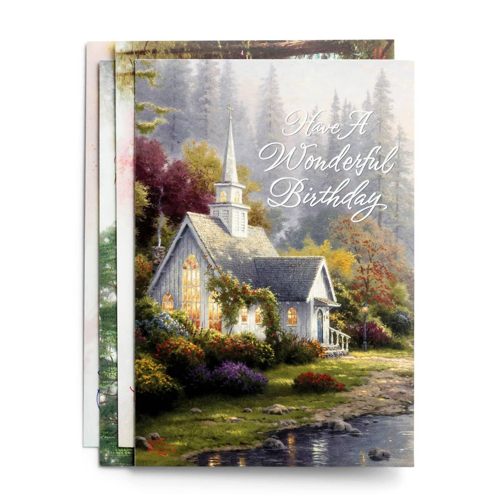 Stack of two church-scene birthday greeting cards with 'Have A Wonderful Birthday' text
