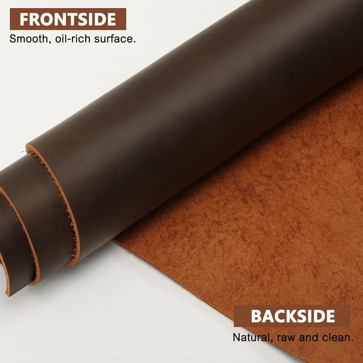 Brown leather sheet showing front smooth side and tan suede-like back side.