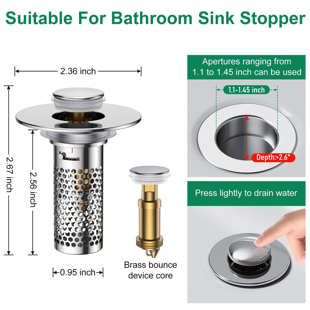 Bathroom sink pop-up drain strainer with chrome top and perforated metal basket