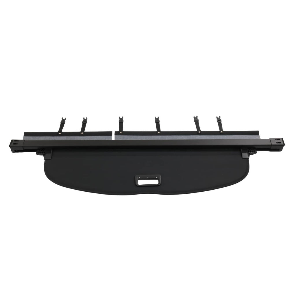 Black trunk cargo cover shade with center handle opening and side mounting pegs