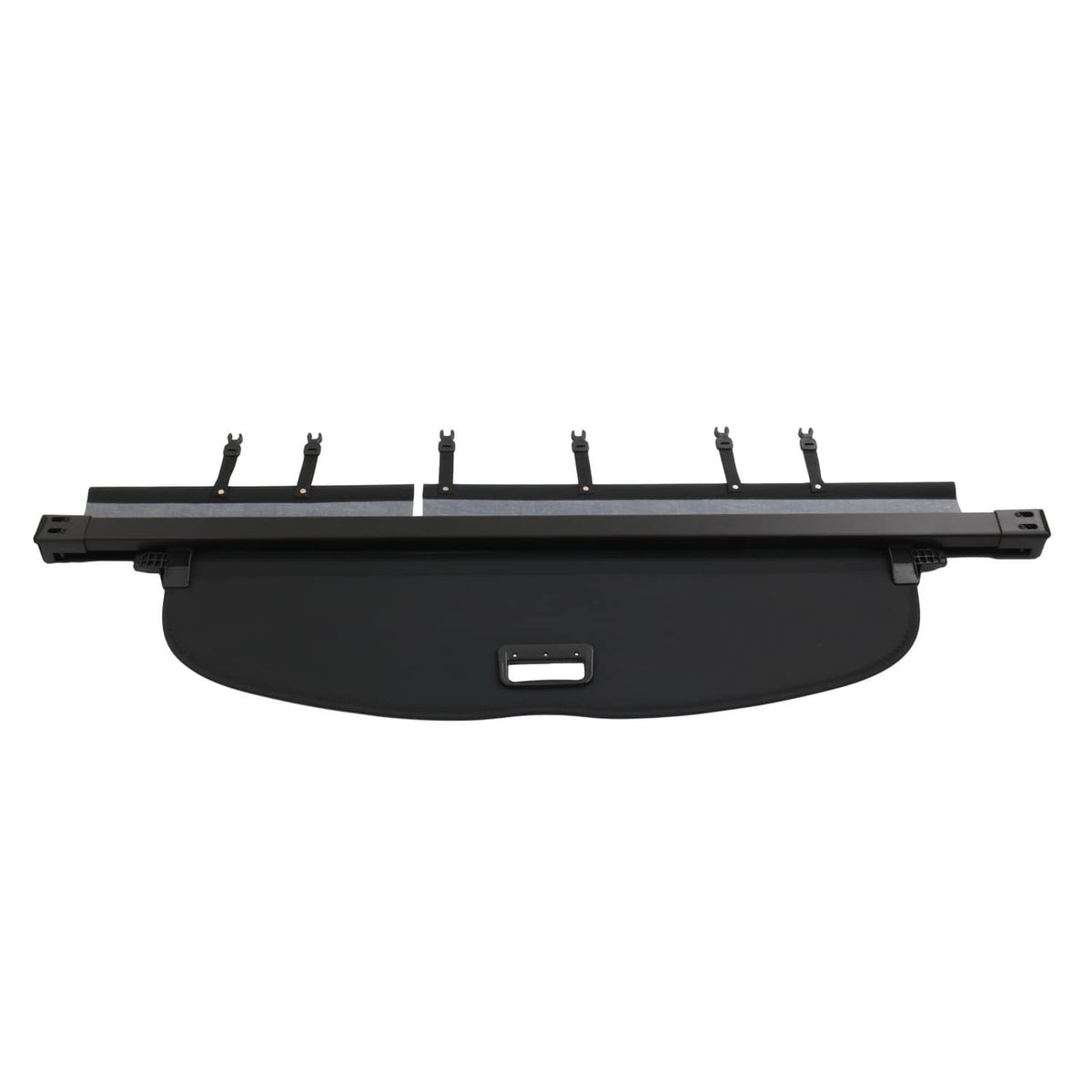 Black trunk cargo cover shade with center handle opening and side mounting pegs