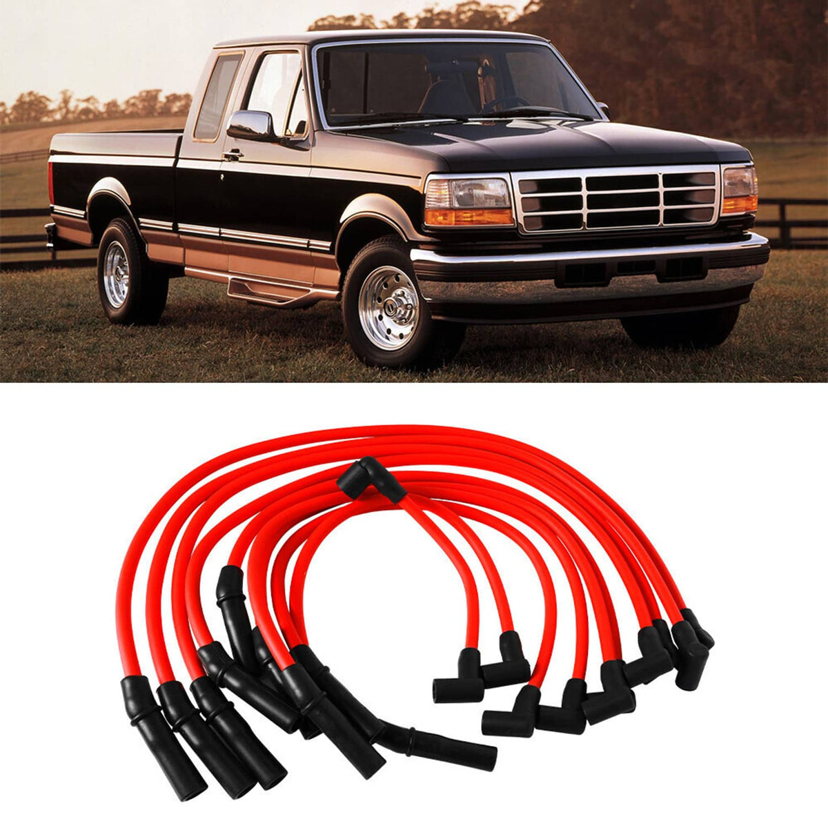 Red spark plug wire set with black boots, coiled 10-wire bundle