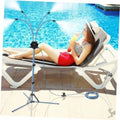 Adjustable standing patio misting system on a tripod with multiple blue spray nozzles near pool