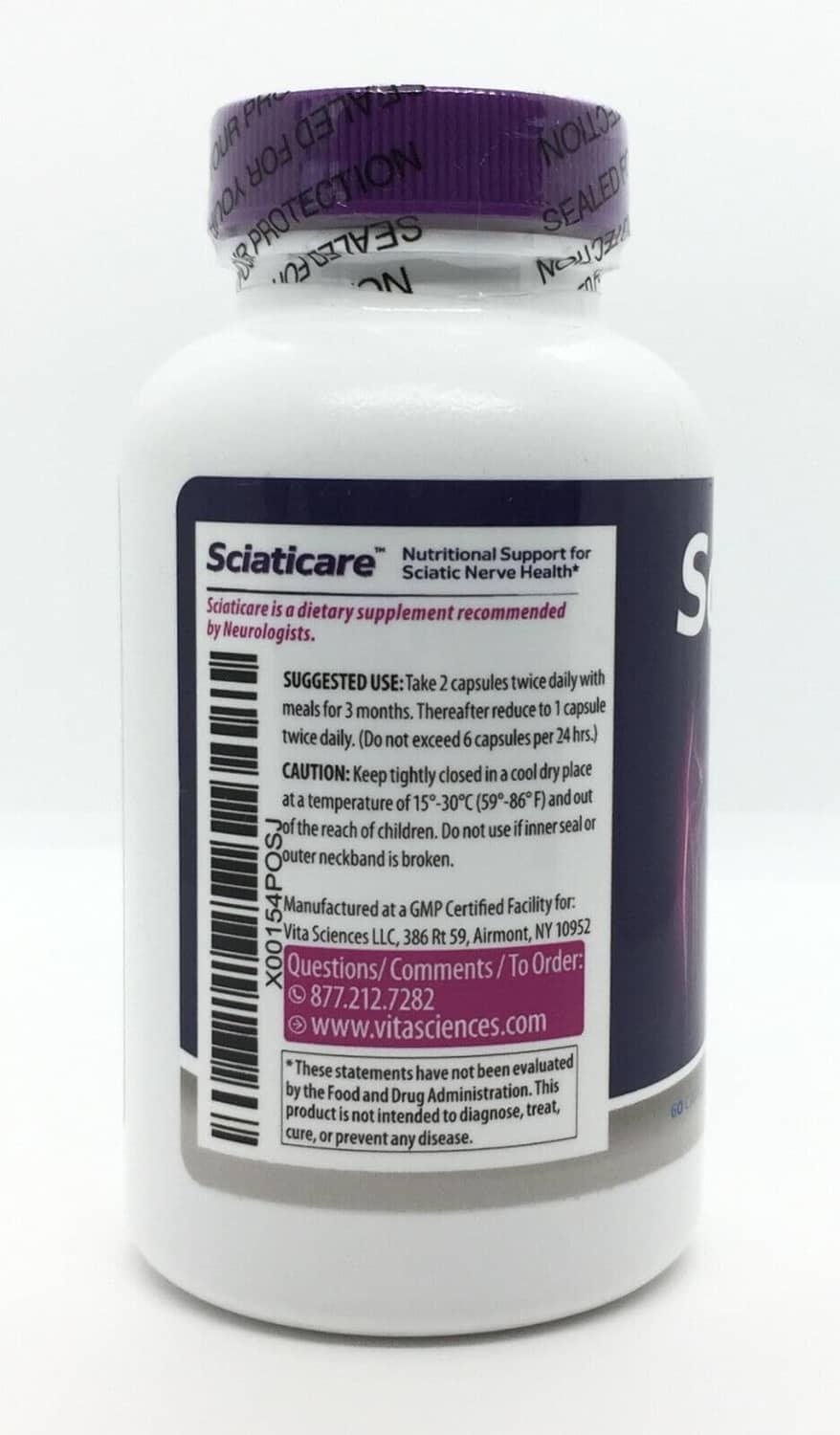 Vita Sciences nerve soothing supplement bottle, label side with barcode and usage text