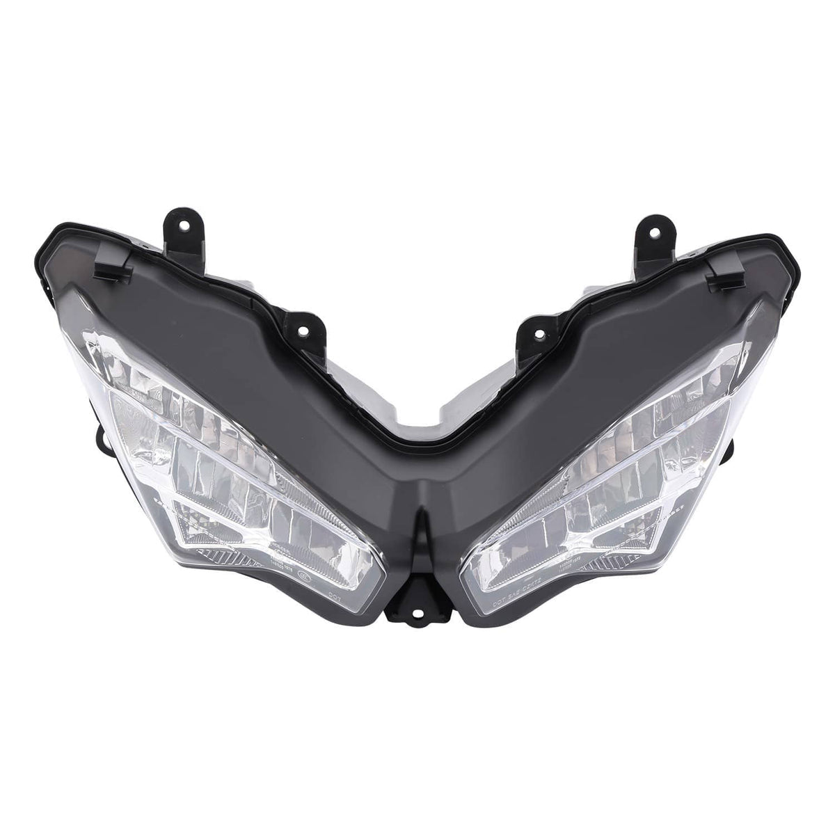 Motorcycle dual headlight assembly with clear lenses and black outer housing