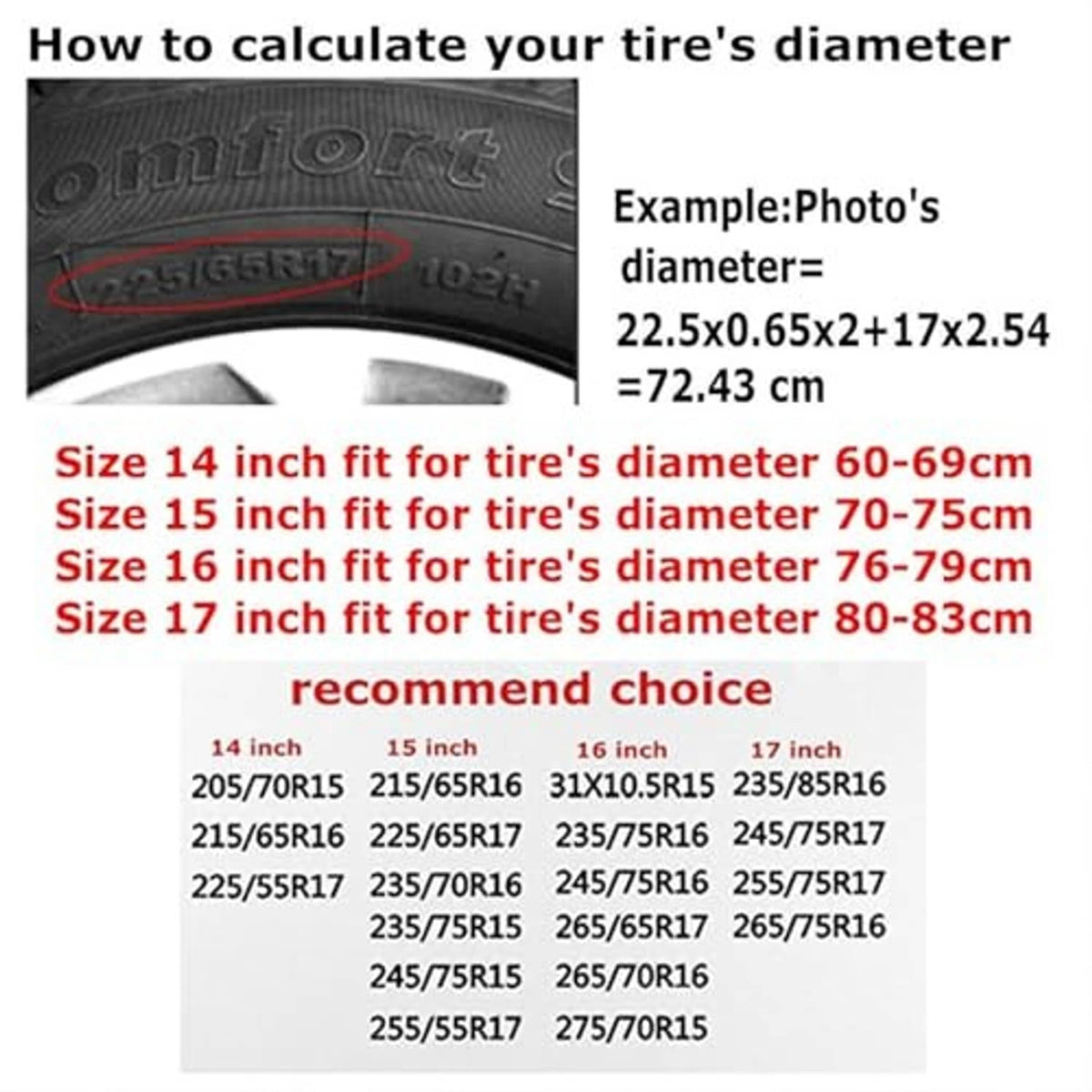 Spare tire sizing chart with a bear-and-mountains campfire cover illustration
