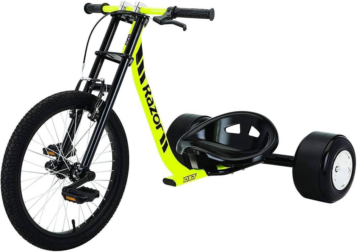 Drift trike with yellow-and-black frame, black handlebars, and bucket-style seat