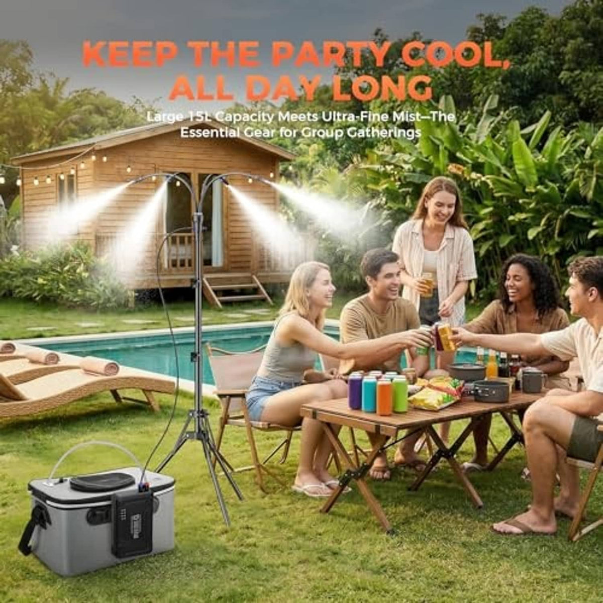 Gray misting cooler with tripod stand spraying mist in garden yard