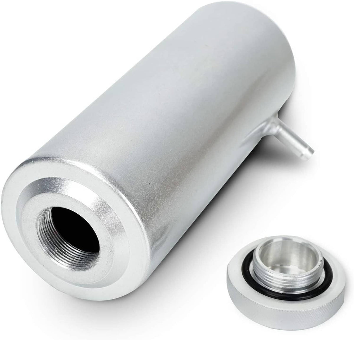 Aluminum coolant catch tank with threaded outlet and removable top cap with o-ring