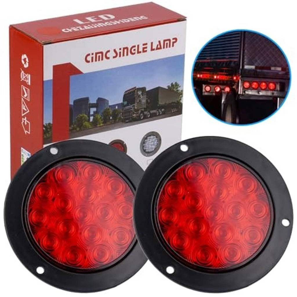 Two round red LED trailer tail lights, black bezels, front view
