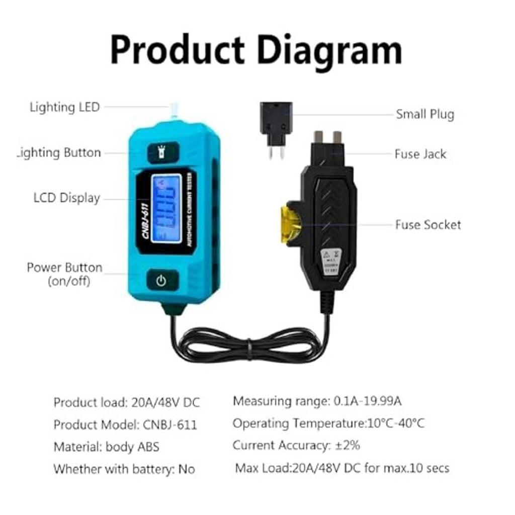 Automotive current tester device with LCD display and black fuse socket plus small plug
