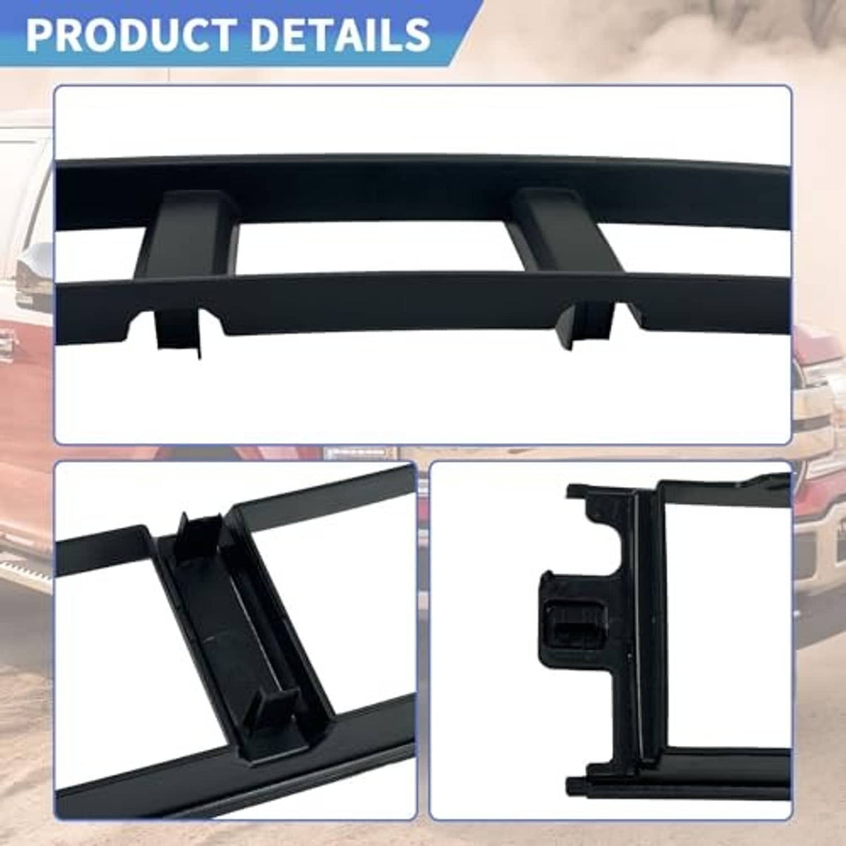 Black bumper trim end cover with underside ridges and mounting clip detail