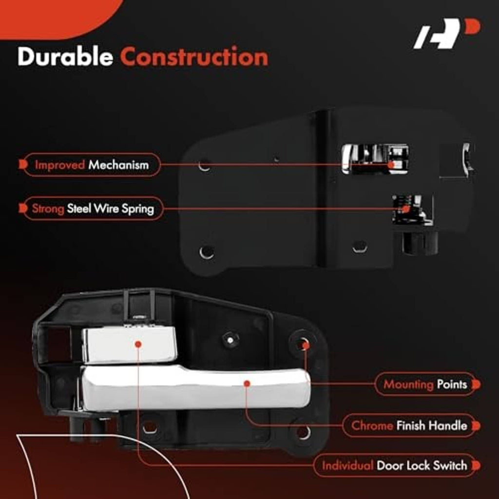 Chrome interior door handle diagram with mounting points and lock switch