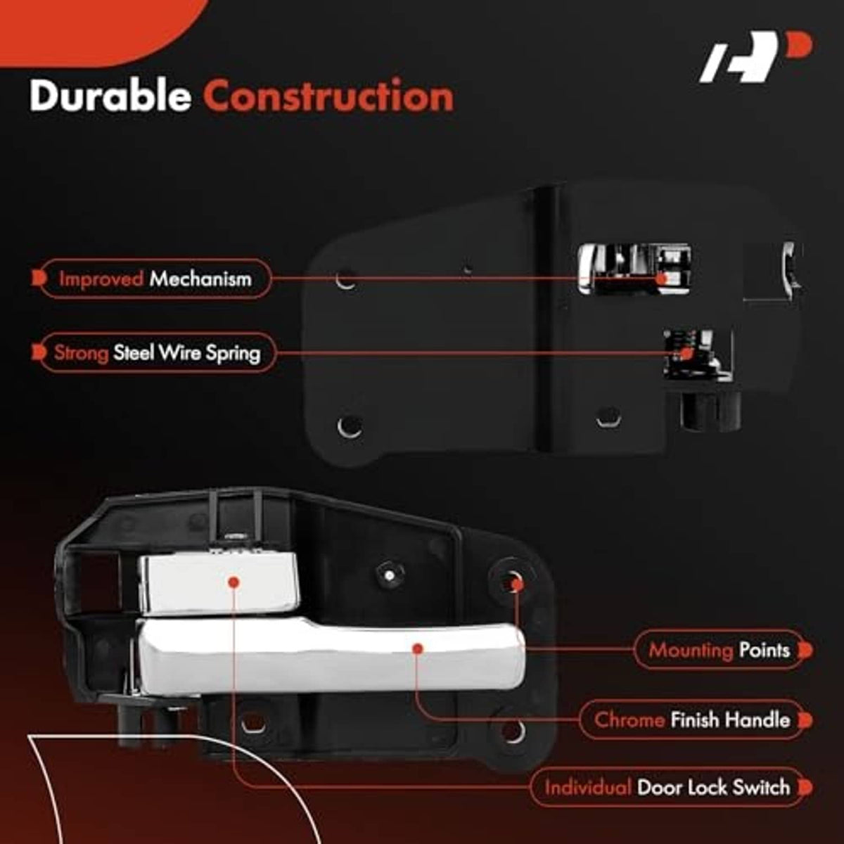 Chrome interior door handle diagram with mounting points and lock switch