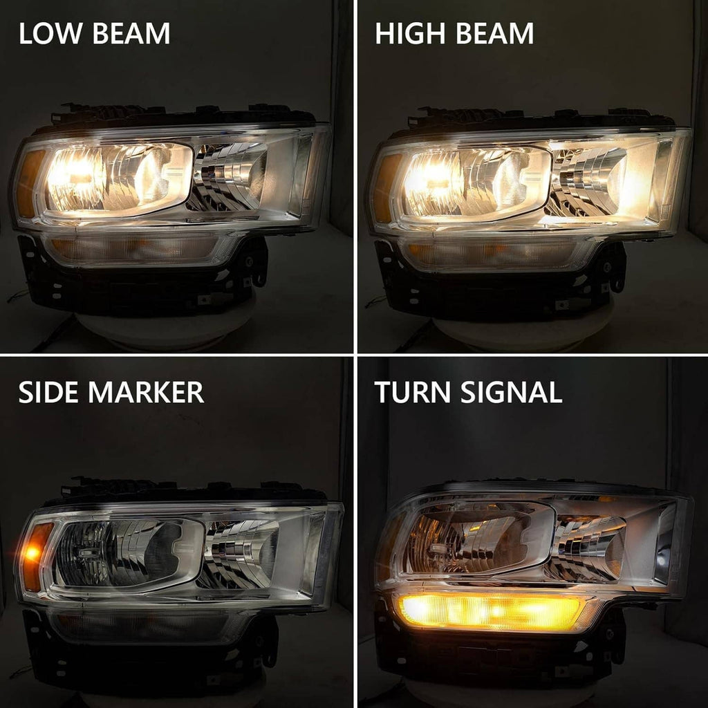 Right halogen headlight test lights: low beam, high beam, side marker, turn signal