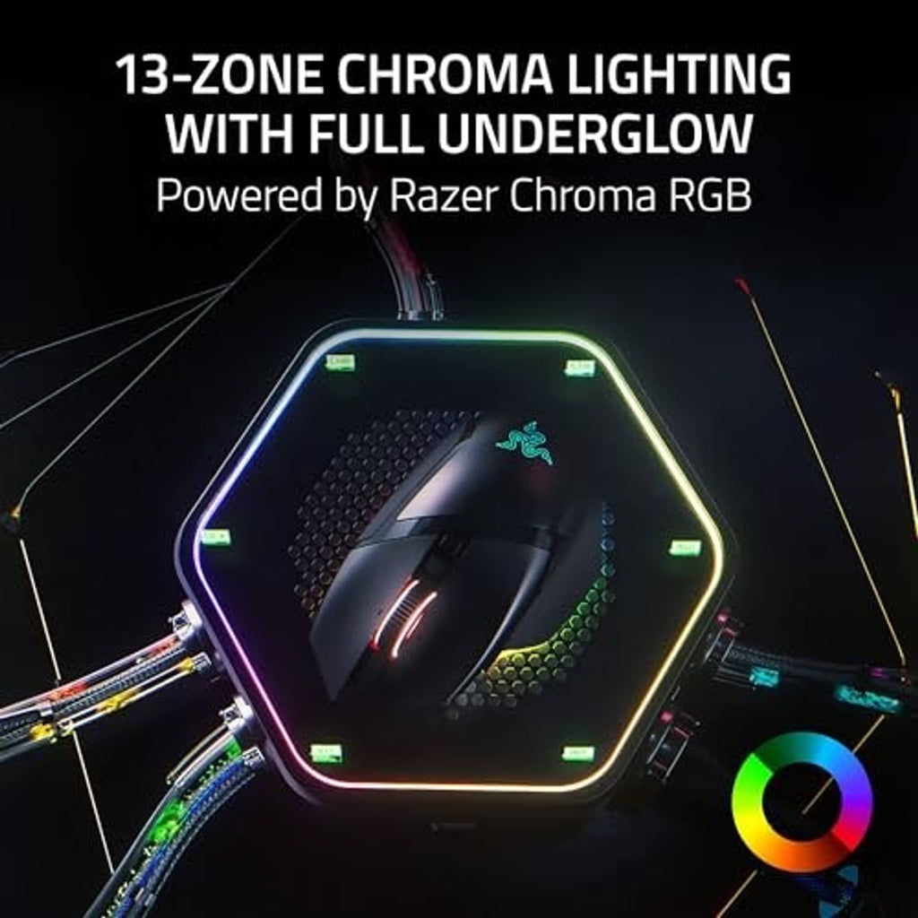 Black gaming mouse with RGB underglow lighting and green illuminated logo