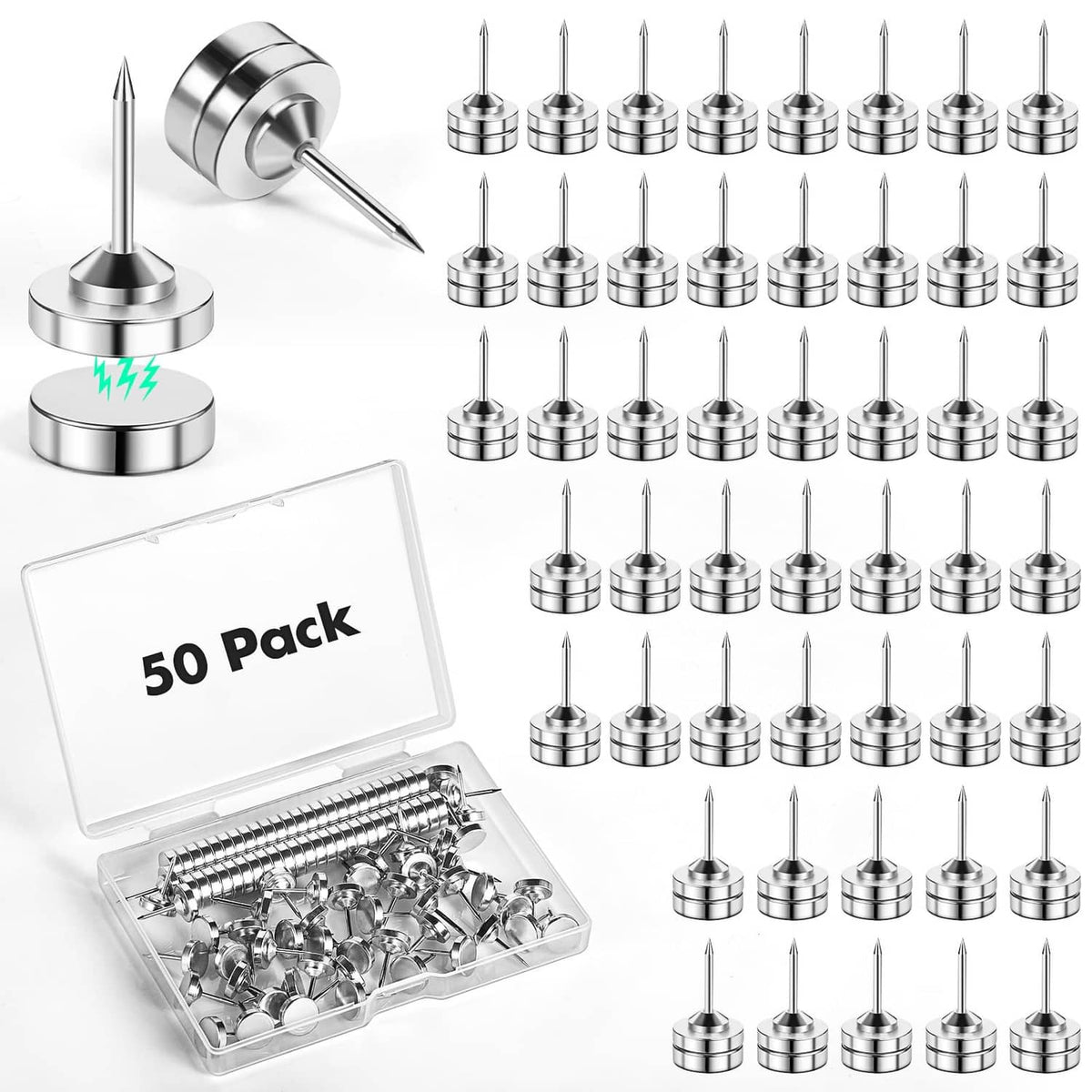 Silver magnetic push pin set with round metal bases and pointed steel pins, 50 pack