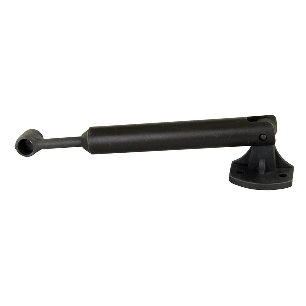 Plastic cabinet door strut with black pivot ends and mounting base