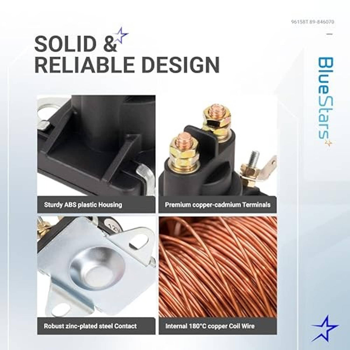 Black 12V solenoid switch relay with copper terminals and mounting bracket