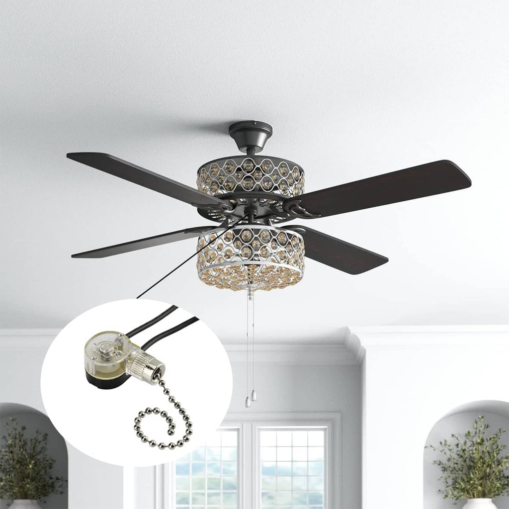 Ceiling fan pull chain switch with clear housing and metal ball chain (detail inset)