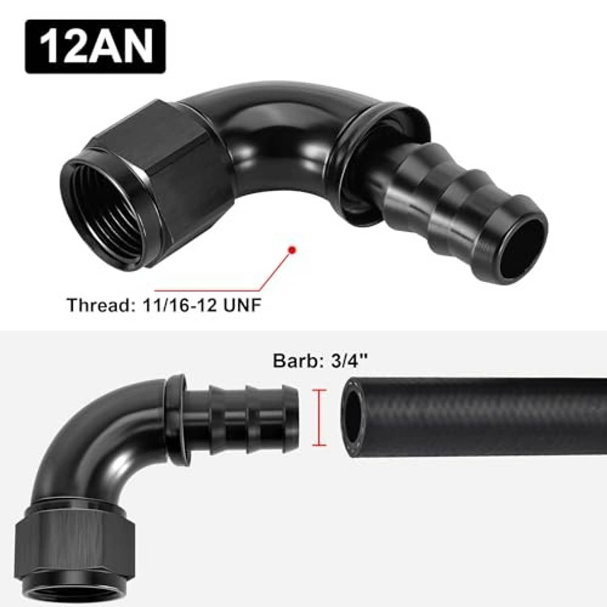 12AN 90-degree hose end fitting; 11/16-12 UNE thread and 3/4" barb