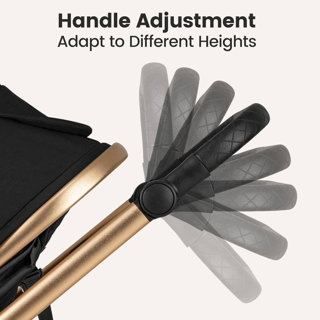 Adjustable stroller handle on black and gold frame with multi-position grip