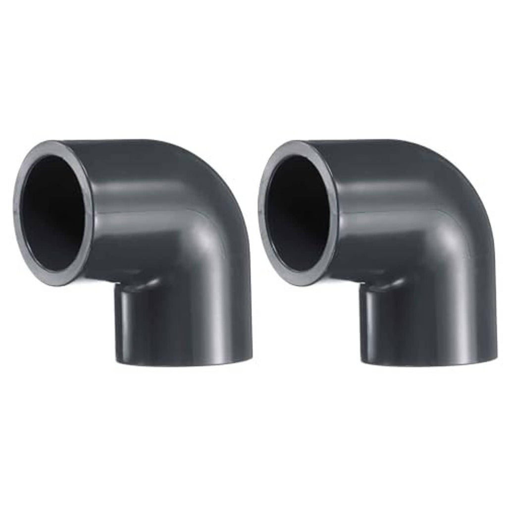Pair of dark gray 90-degree PVC elbow corner pipe fittings, 1-inch
