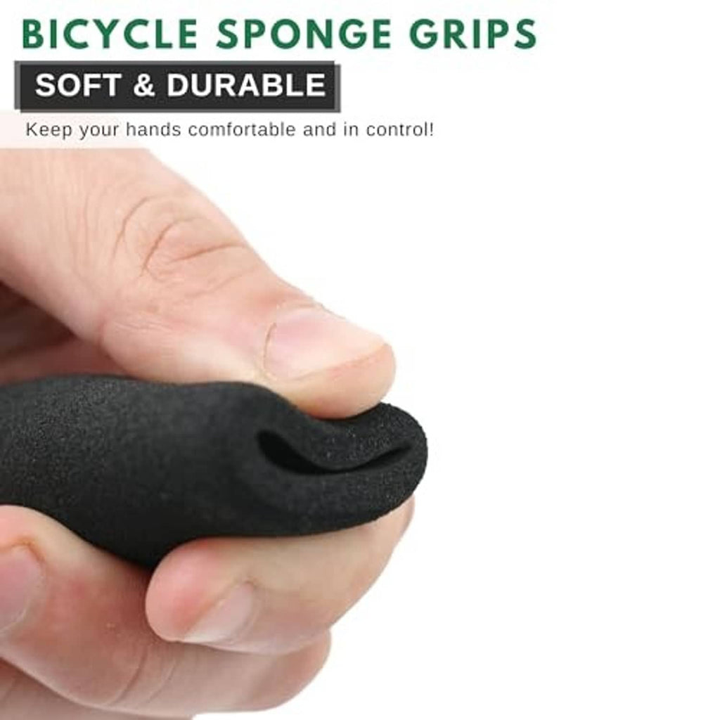 Black foam bicycle grip held in hand, textured cushioned surface for comfort and control