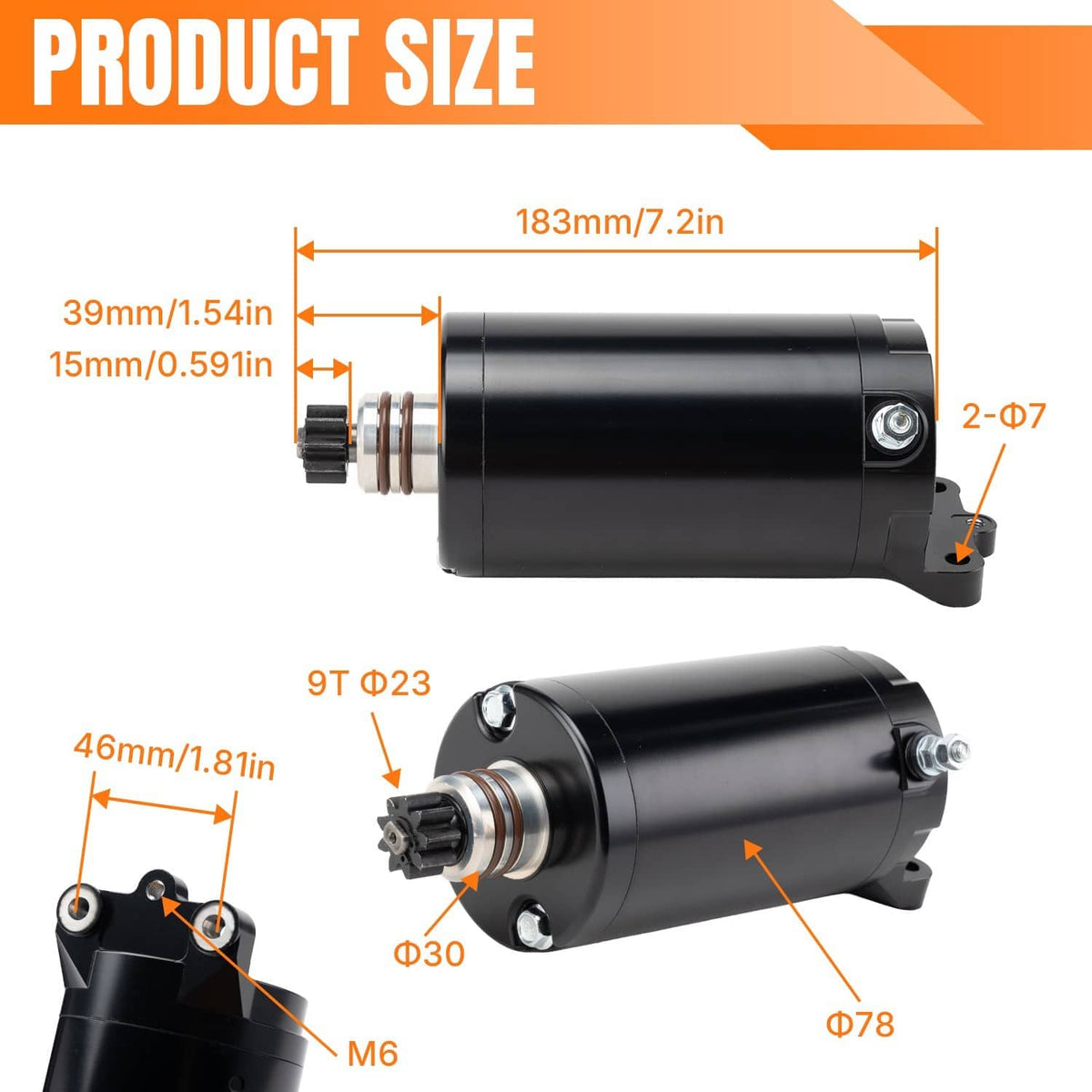 Black starter motor with shaft, wire connector, and mounting flange