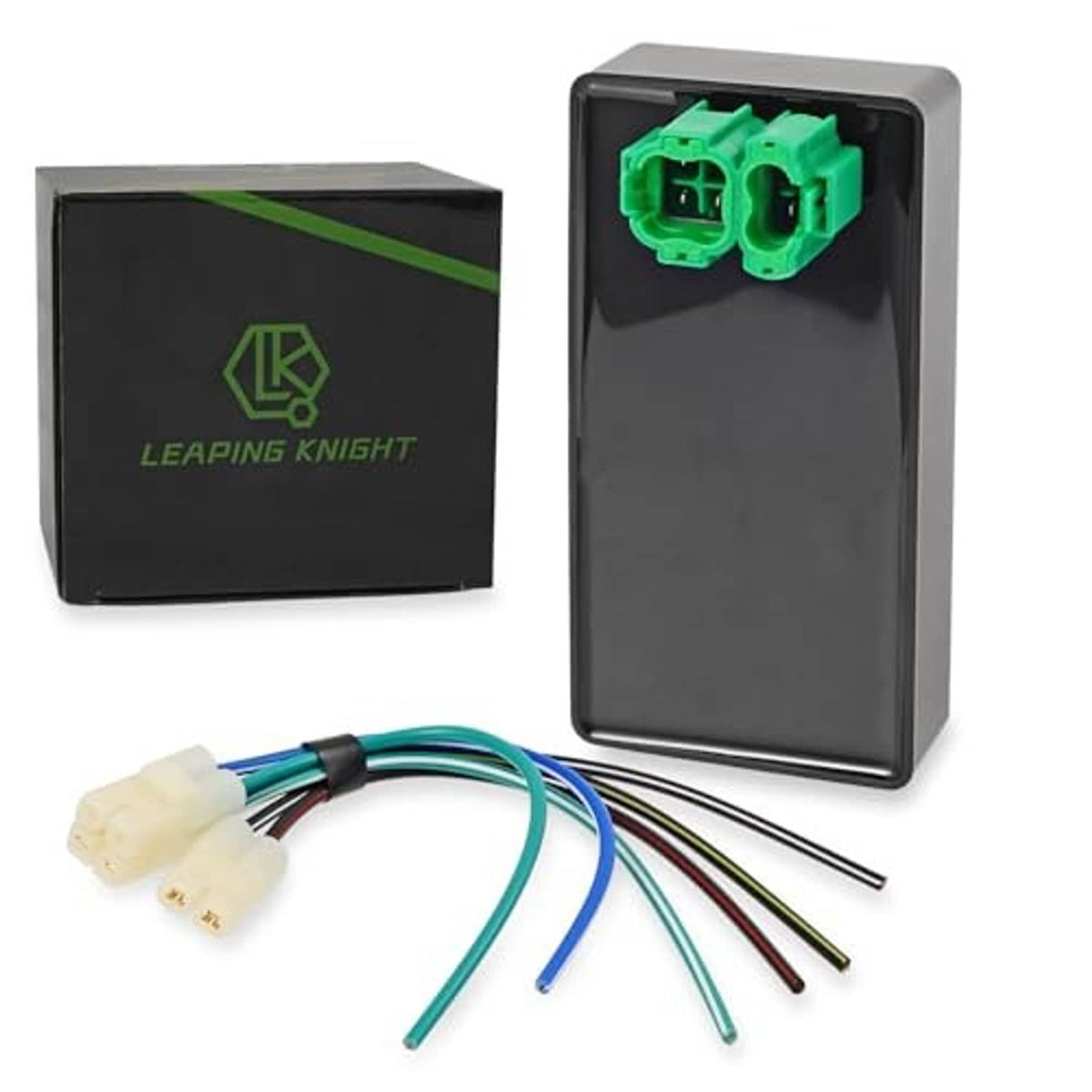 CDI ignition box with green plug connector and multicolor wire leads in black enclosure