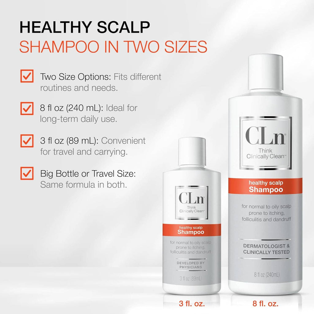CLn healthy scalp shampoo in two sizes: 3 fl oz and 8 fl oz bottles