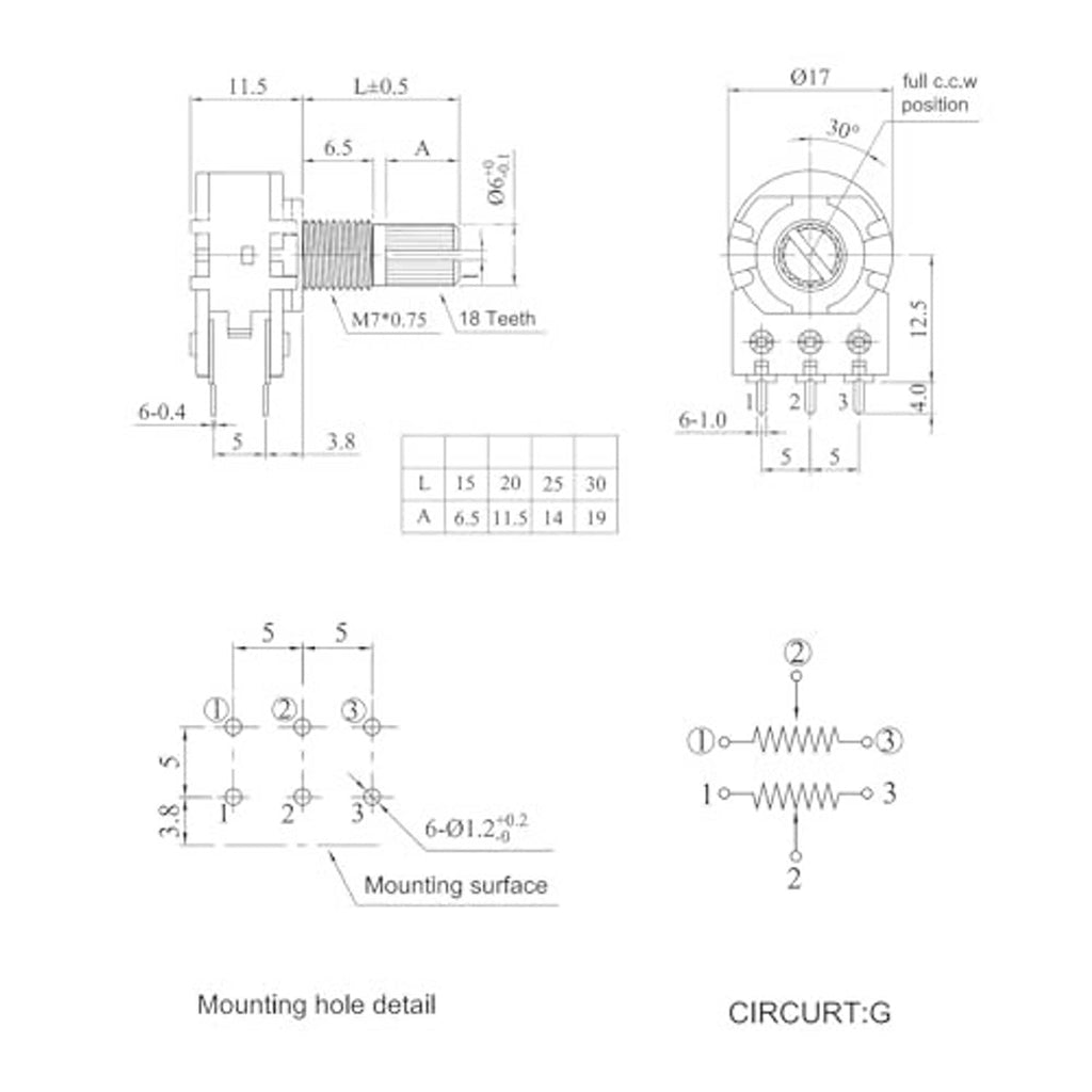 Potentiometer mounting and circuit diagram with pinouts and dimension lines