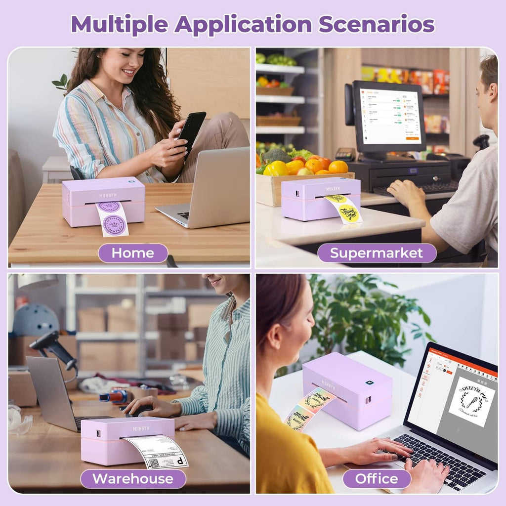 Thermal label printer shown in home, warehouse, and office scenarios with labels
