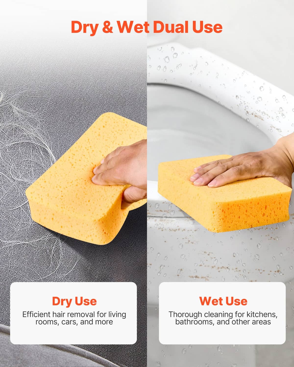 Orange-yellow foam sponge shown for dry and wet cleaning use